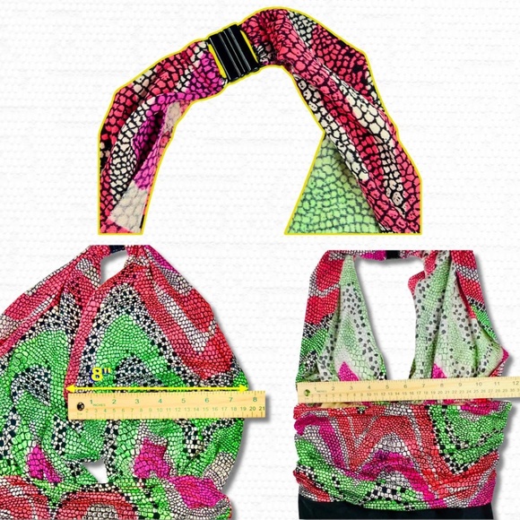 Vintage Oscar de la Renta Snakeskin Halter One-Piece Swimsuit Neon & Black, S/M - Picture 8 of 9